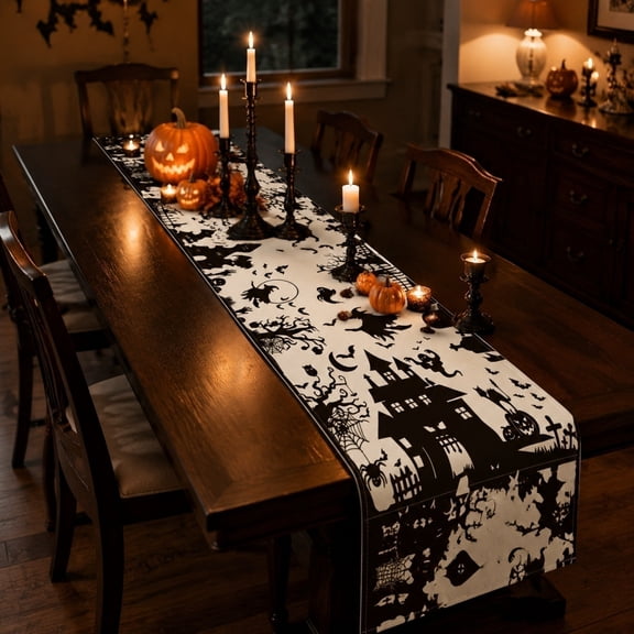 Black Cheesecloth Halloween Table Runner 13X 72 In,Halloween Party Decorations Indoor, Spooky Pumpkin Ghost Bat Spider Web Print, Fall Kitchen Dining Table Decoration for Home Party Decor