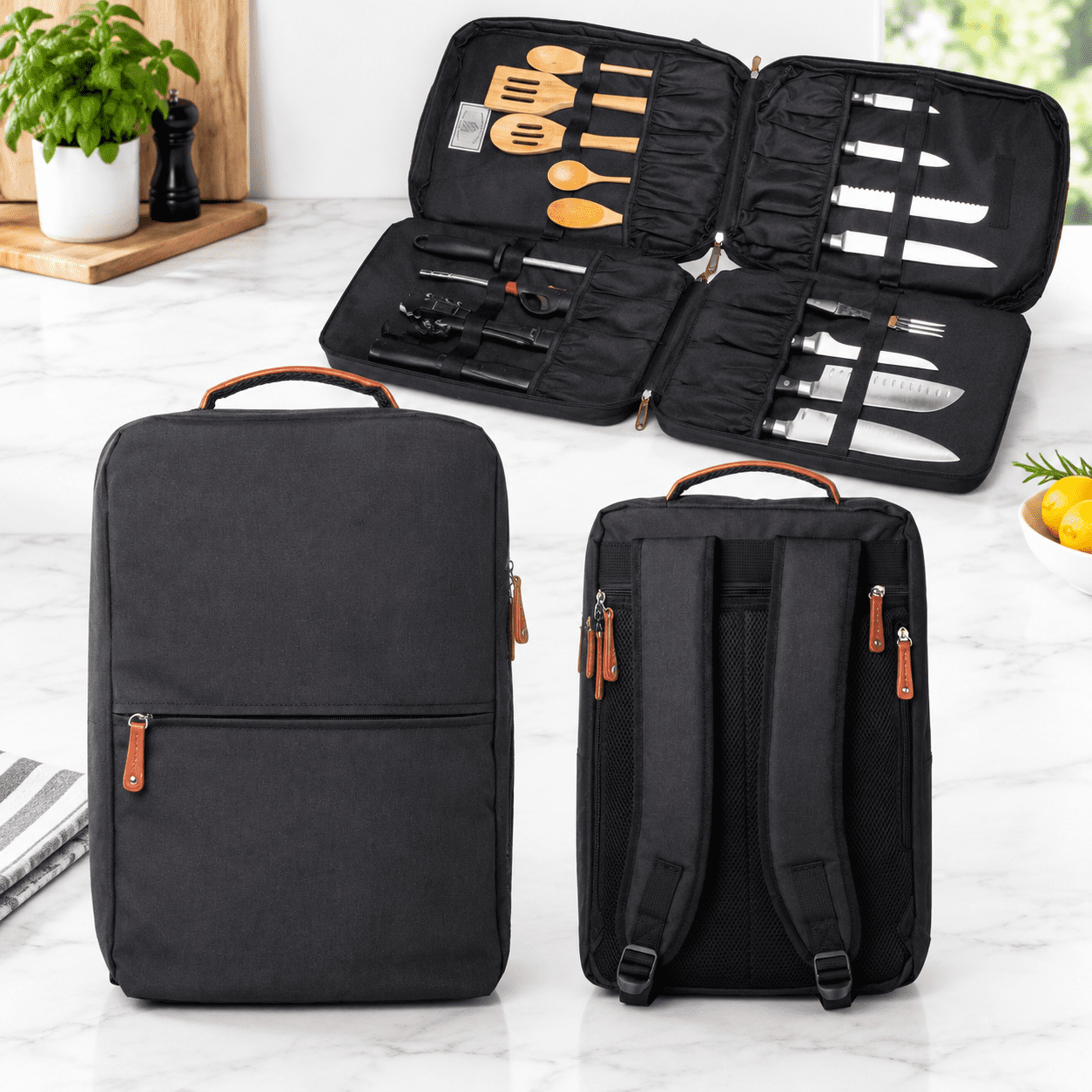 Black Chef and Utensil Storage Bag with Over 30 Pockets for Culinary ...