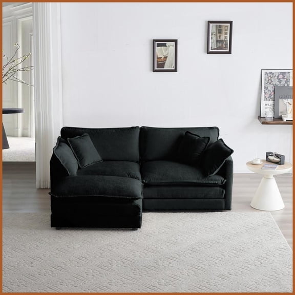 Black Chenille 2-Seater L-Shaped Sectional Sofa with Ottoman - Modular Design for Small Living Spaces