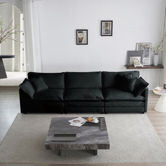 Modern Mid-Century 3-Seater Couch in Black Chenille with 2 Armrest & 3 Toss Pillows