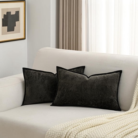 Black Chenille Throw Pillow Covers 12x20 inch Set of 2,Soft Cozy Bound Edge Design Lumbar Pillow Cases,Home Decor for Couch Bed Living Room