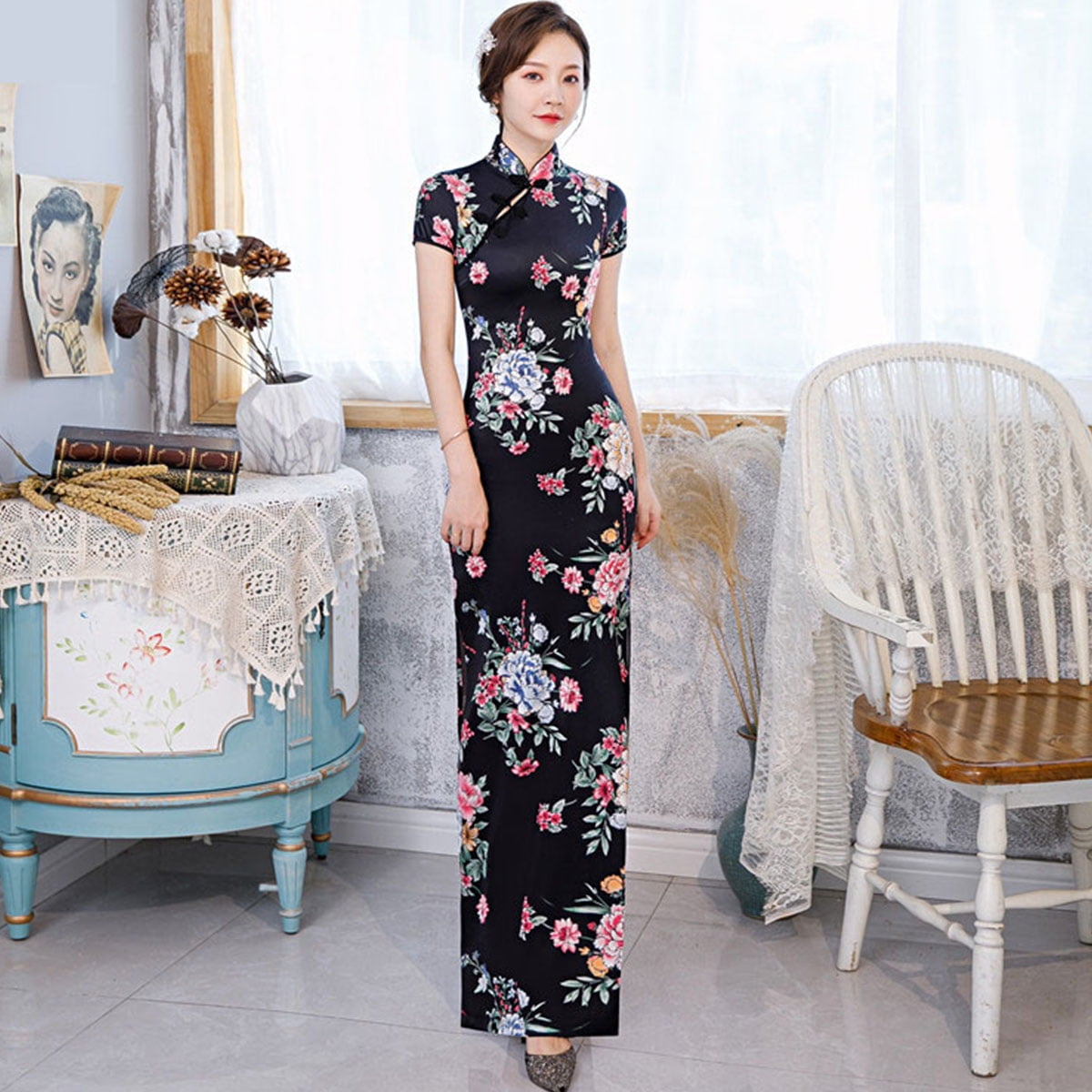 Black Cheongsam Chinese Traditional Slim Dress Wedding Costume Long Dresses  Sexy Qipao - Walmart.com