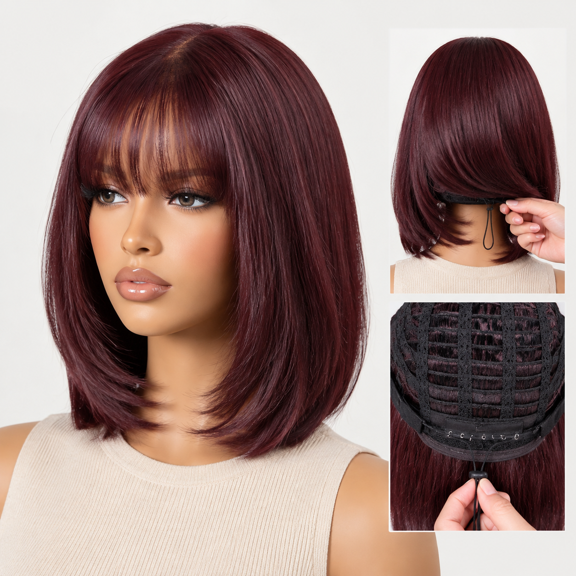 Black Cherry Color 14 Inch Short Bob Layered Straight Glueless Human Hair Wig With Wispy Bangs