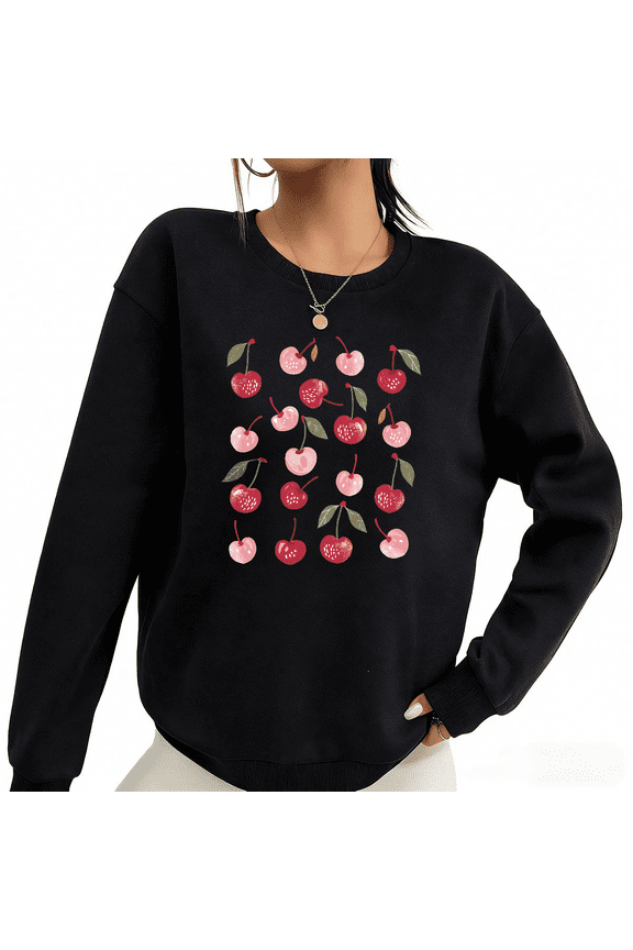 Black Cherry Pattern Print Sweatshirt Graphic Sweatshirt Cute Casual Wear S-3XL Tops