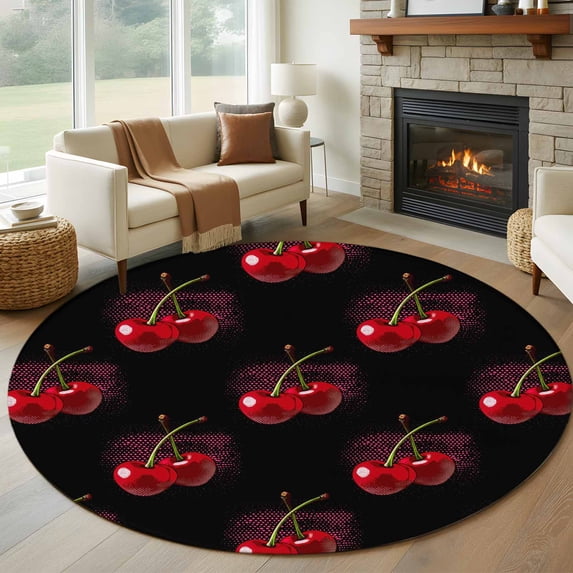 Black Cherry Round Area Rug 5Ft Washable Circle Rugs for Living Room Bedroom, Farmhouse Watercolor Cherries Fruits Non-Slip Carpet Floor Mats Indoor Outdoor Carpet Runner Aesthetic Home Decor