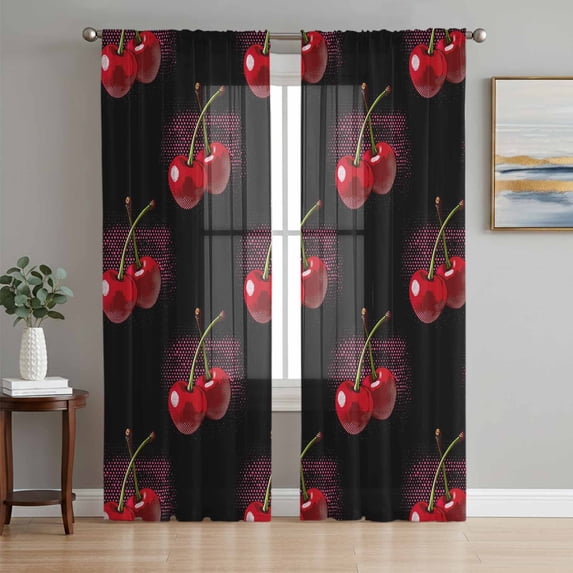 Black Cherry Sheer Curtains 108 Inch Length 2 Panels Set, Farmhouse Watercolor Cherries Fruits Voile Window Treatment Semi Sheer Long Curtains Drapes for Bedroom/Living Room/Kitchen 52"x108"x2