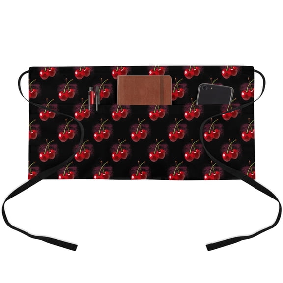 Black Cherry Waitress Apron with 3 Pockets, Farmhouse Watercolor Cherries Fruits Server Aprons Waterproof Kitchen Restaurant Half Waist Apron for Men Women