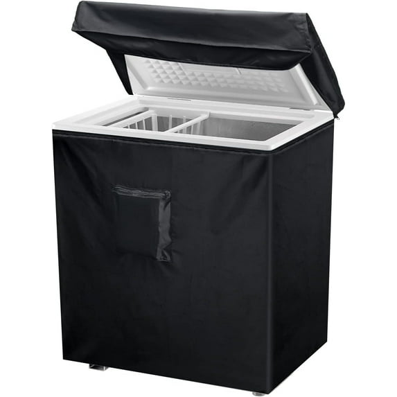 Black Chest Freezer Cover, Waterproof Freezer Covers Compact for 5 Cubic Feet Chest Freezer Cover for Open, Zipper Pocket, Strap
