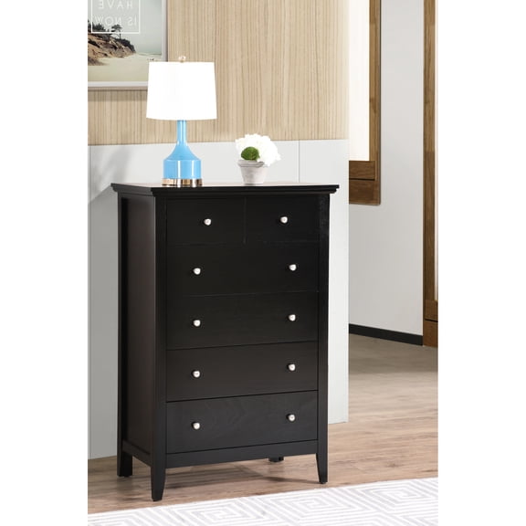 Black Chest From Glory Furniture - G5450 With Real Wood Veneers And Tailed Drawers, Assembled, Nickle Hardware Chest, Particle Board Constructed, Tarnish- Elements, Fully Assembled Cabinetry