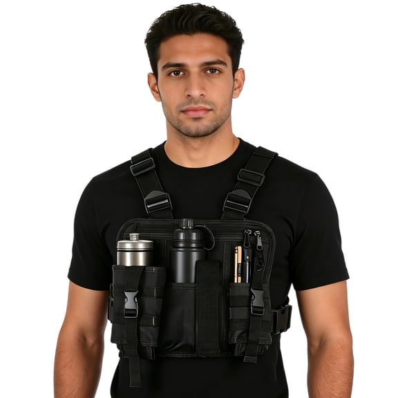 Black Chest Rig Bag, Utility Backpack 10.6 X 9.4 In, Multi-Pocket Chest Pack With Adjustable Straps, Quick Access Pouch, Hands-Free Outdoor Work Travel