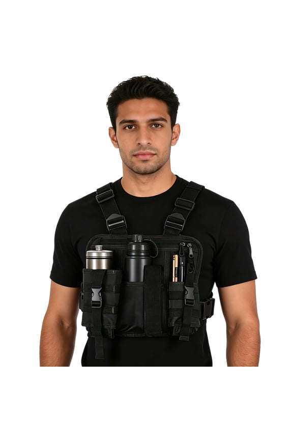 Black Chest Rig Bag, Utility Backpack 10.6 X 9.4 In, Multi-Pocket Chest Pack With Adjustable Straps, Quick Access Pouch, Hands-Free Outdoor Work Travel