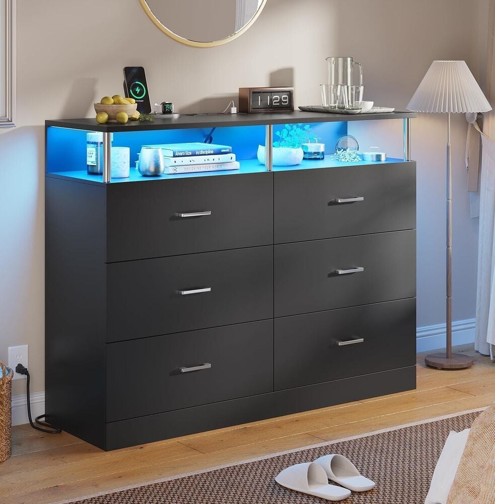 Black Double Wide Dresser with LED Light and Charging Station