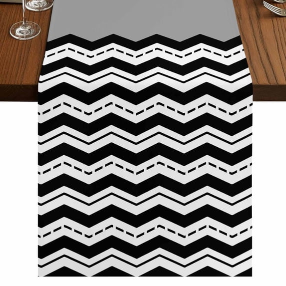 Black Chevron 108 Inch Table Runner, Geometric Grey Print Wavy Striped White Farmhouse Dresser Scarf Cotton & Linen Tablerunner for Dining/Kitchen Island/Holiday Party Décor 13" x 108"