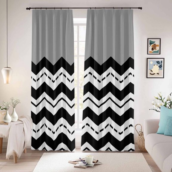 Black Chevron Blackout Curtains for Bedroom/Living Room, Pinch Pleated Black Out Curtains, Geometric Grey Print Wavy Striped White Room Darkening Window Drapes with Hooks 2 Panels, 59"x70"