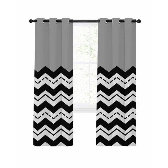 Black Chevron Blackout Curtains, Light Blocking Print Window Curtains, Geometric Grey Print Wavy Striped White Thermal Insulated Window Drapes for Living Room Kitchen Cafe 2 Panels, 55"W x 39"L