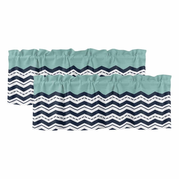 Black Chevron Curtain Valances for Windows, Kitchen Valance Window Treatments Panel 2 Pack, Geometric Turquoise Wavy Striped White Rod Pocket Short Curtains for Bathroom Bedroom 42 x 12 Inch
