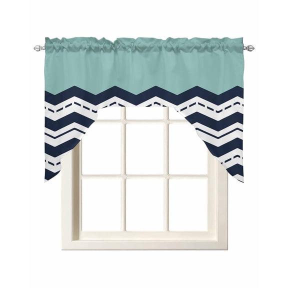 Black Chevron Kitchen Curtains Swag Valance for Windows/Bathroom/Cafe, Geometric Turquoise Wavy Striped White Rod Pocket Drape Panel Swag Curtain Valance for Bedroom/Living Room 55''x36''