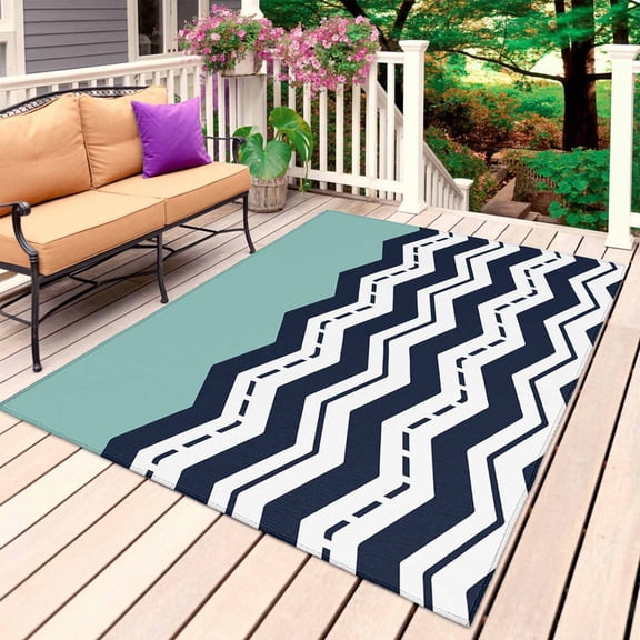 Black Chevron Outdoor Rug 5x7 Ft, Non Slip Washable Area Rug, Geometric Turquoise Wavy Striped White Patio Rugs Carpet Runner, Large Floor Mat for Indoor/Outdoor Deck Porch Camping