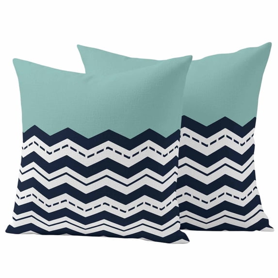 Black Chevron Outdoor Waterproof Pillow Covers, Geometric Turquoise Wavy Striped White Decorative Square Throw Pillowcase Sofa Cushion Sham for Patio/Couch/Chair, 26"x26" 2 Pack