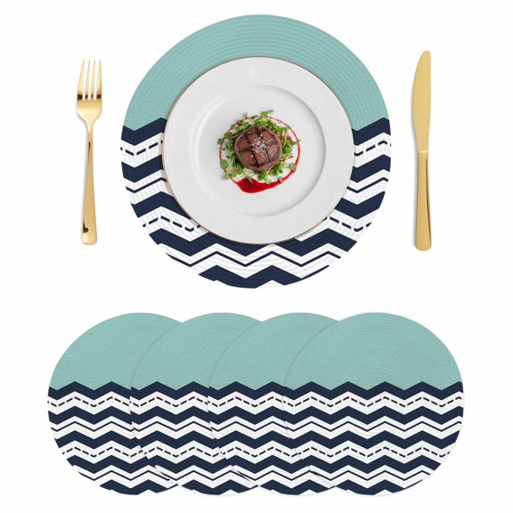 Black Chevron Round Placemats Set of 4 Geometric Turquoise Wavy Striped White Place Mats Indoor Woven Table Mats Washable Heat-Resistance Braided Dining Table Placemats for Kitchen Party 15 Inch