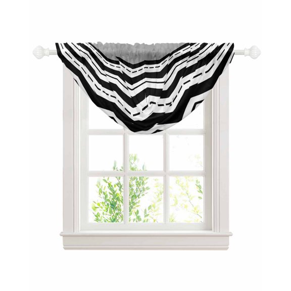 Black Chevron Sheer Waterfall Valance Curtains for Window, Geometric Grey Print Wavy Striped White Rod Pocket Sheer Topper Swag Curtains for Living Room, Kitchen 38.5"W x 47.2"L, 1 Panel