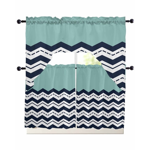 Black Chevron Swag Curtains for Living Room/Bedroom Windows, Geometric Turquoise Wavy Striped White Kitchen Curtains and Valances Set 36 Inch Length, Light Filtering Swags Valance Curtain Panels