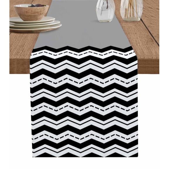 Black Chevron Table Runner 48 Inches, Geometric Grey Print Wavy Striped White Bed Runner Dresser Scarves Tabletop for Indoor Outdoor Parties/Ceremony/Banquet, 13" x 48"