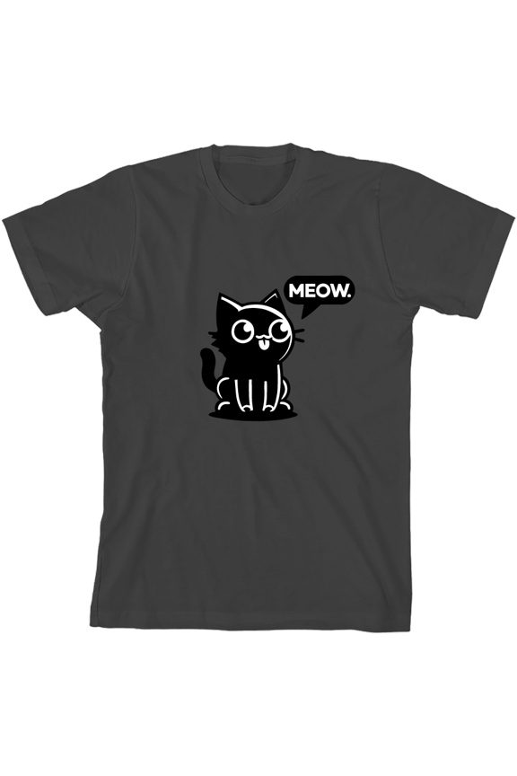 Black Chibi Cat Youth Charcoal Crew Neck Short Sleeve Tee-Large