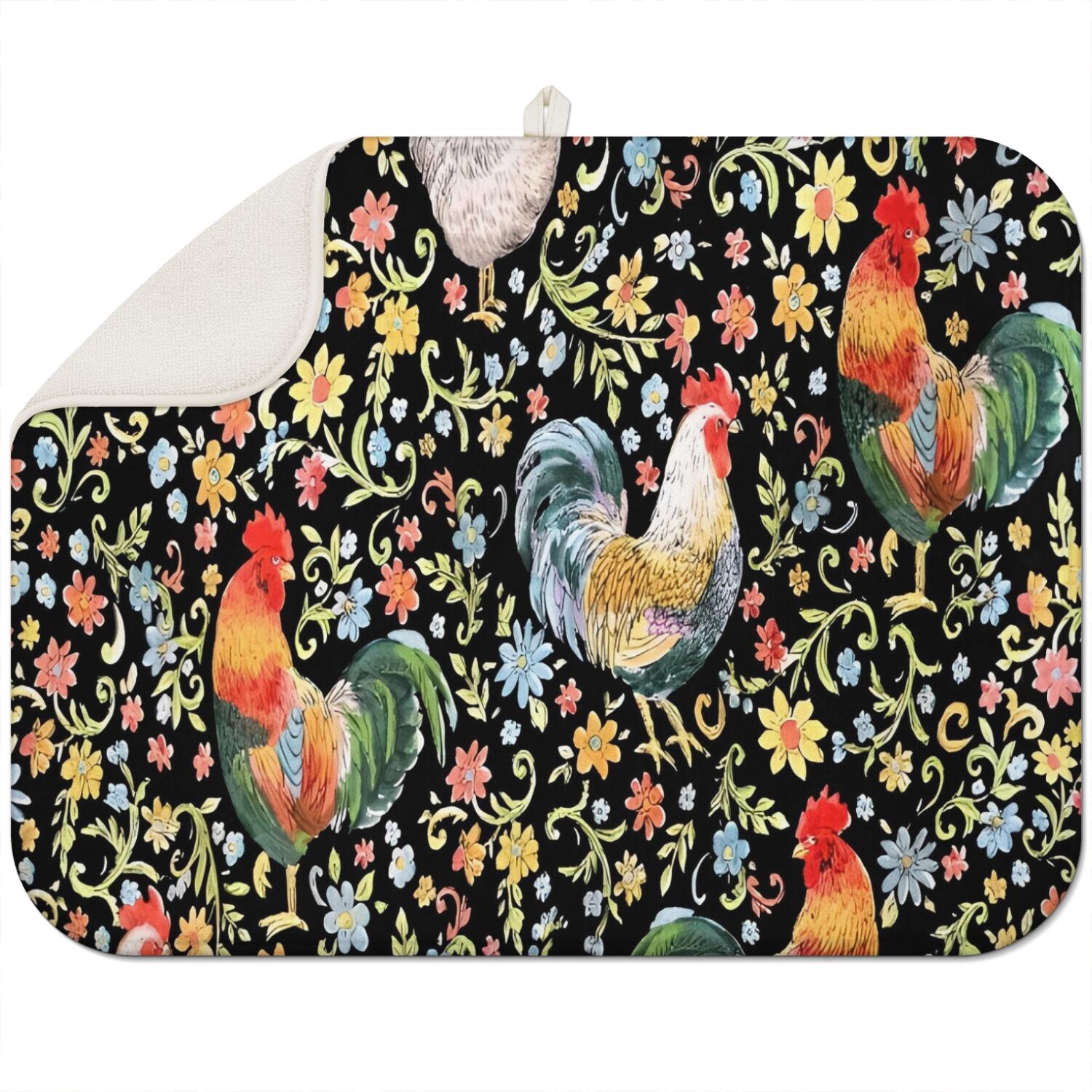 Chicken Mat Black Chicken Rooster Flower Pattern Dish Drying Mat for Kitchen 1 Pack ...