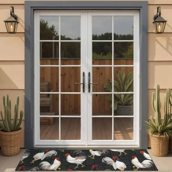 Black Chicken Rooster Pattern Door Rugs,Washable Non Slip Door Mats Indoor,Decorative Door Mats,Entry Mat Indoor for Entrance,Bedroom,Kitchen,Bathroom,16"x47"