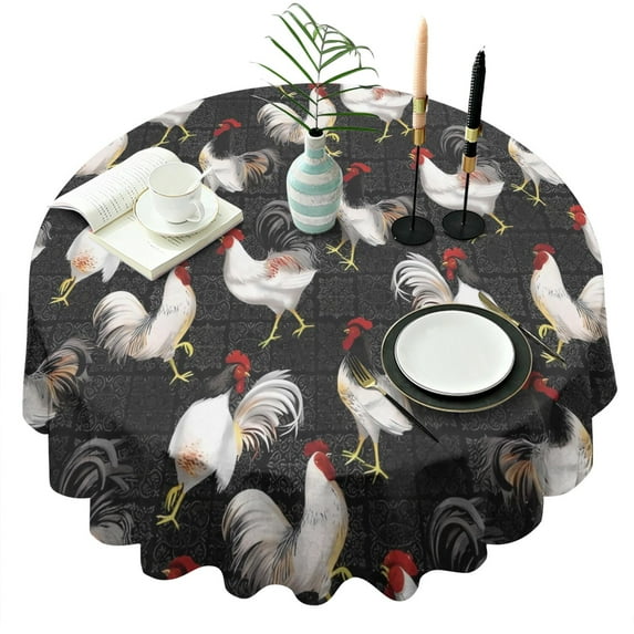 Black Chicken Rooster Pattern Round Tablecloth 60"x60",Wrinkle Wipeable Table Cloth for Kitchen Dining Room Picnic Patio Party