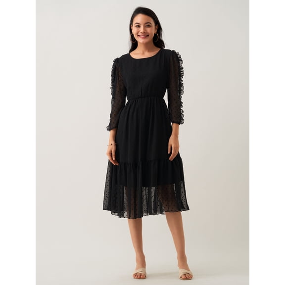 Black Chiffon Brasso Swiss Dot Round Neck Dress