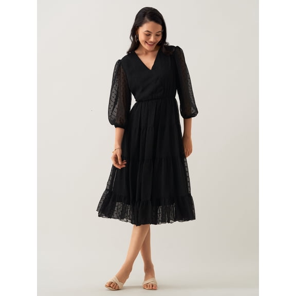 Black Chiffon Brasso Swiss Dot V-Neck Dress