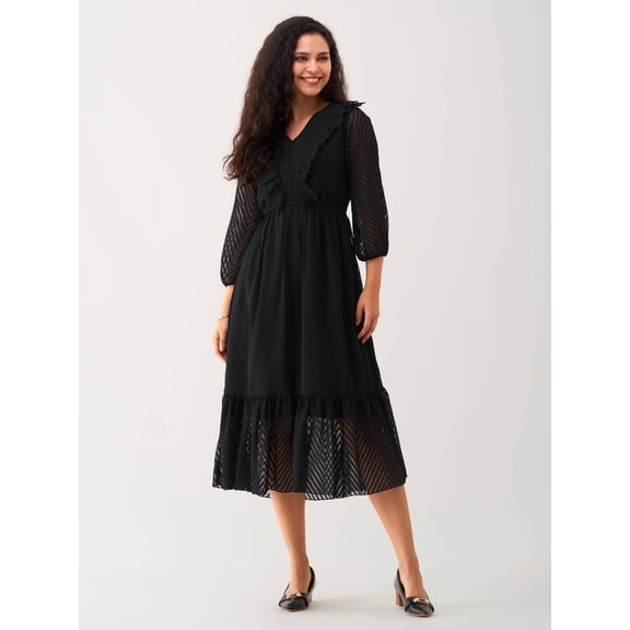 Black Chiffon Brasso Swiss Dot V-Neck Dress