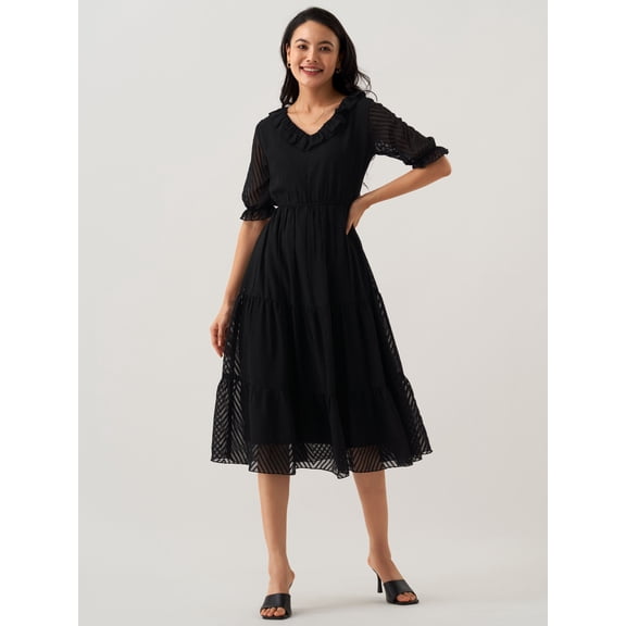Black Chiffon Brasso Swiss Dot V-Neck Dress