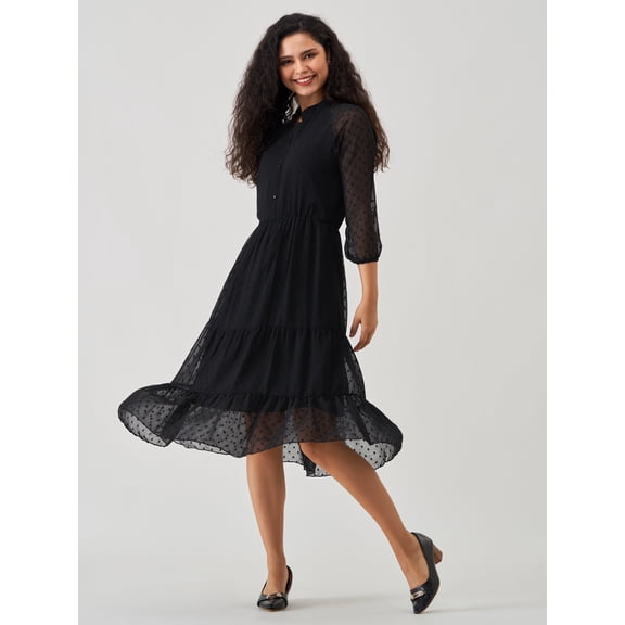 Black Chiffon Brasso Swiss Dot V-Neck Dress