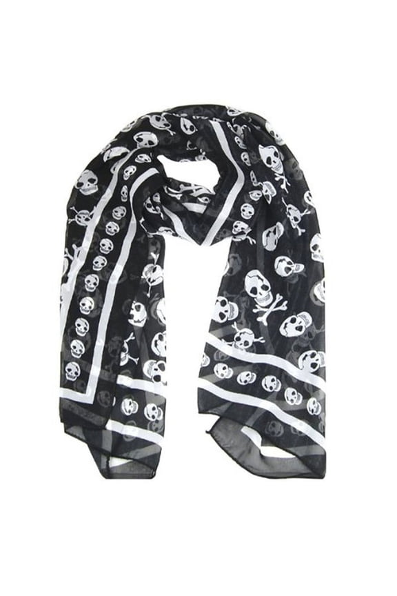 Black Chiffon Silk Feeling Skull Print Fashion Long Scarf Shawl Scaf Wrap For Women + Keyring