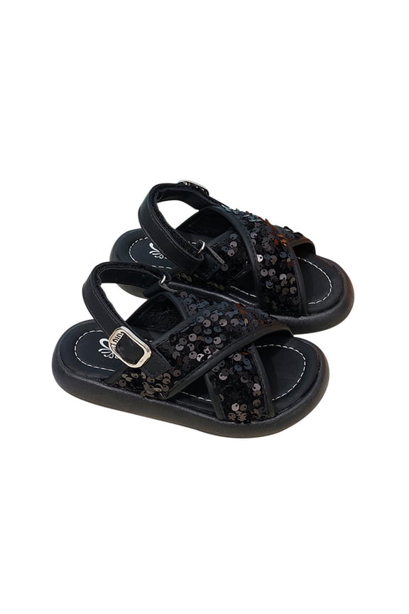 Black Children Sparkling Sandals For Girls With Thick Sole And Rubber Outsole For Safe And Fun Wear In Warm Weather