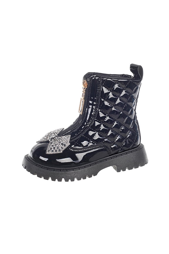 Black Childrens Sparkling Crystal Bow Ankle Boots In Casual Elegant Short Boots, Fashionable For Little Kids In Fall