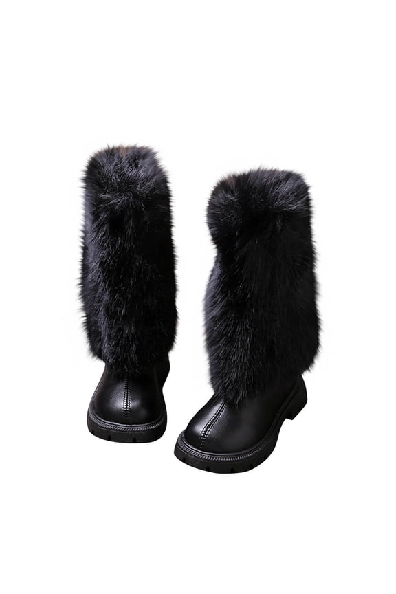 Black Childrens Stylish High-Top Snow Boots Featuring Fake Fur Accent And Durable Rubber Outsole For Winter Fun