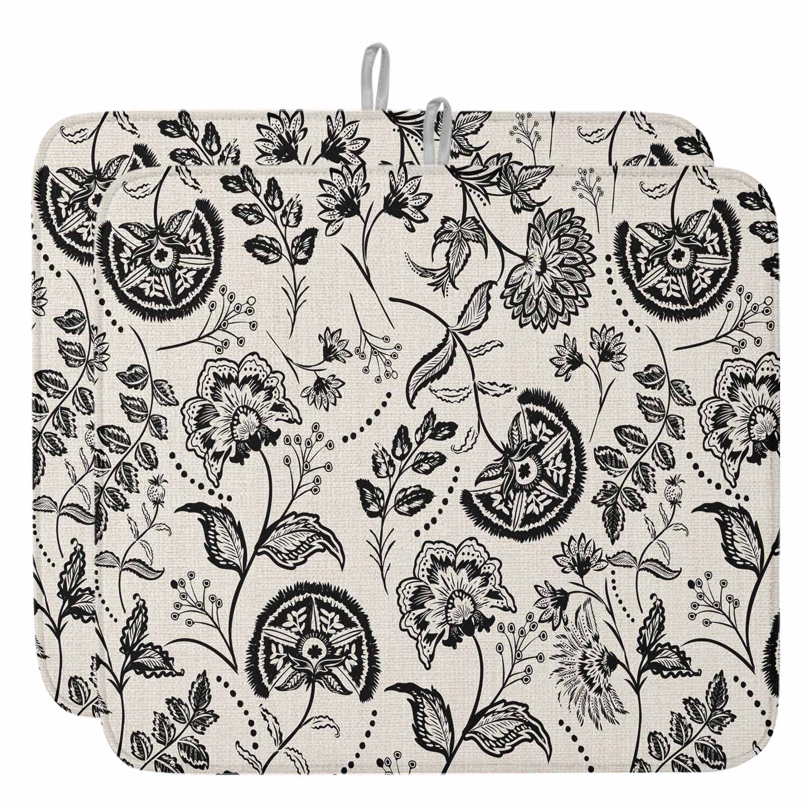 Black Chinoiserie Floral Dish Drying Mat, Vintage Farmhouse Cottagecore ...