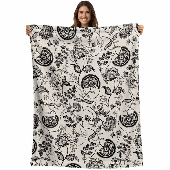 Black Chinoiserie Floral Throw Blankets, Vintage Farmhouse Cottagecore Soft Fleece Blanket Decorative for Home Sofa Couch Chair Living Bedroom, 50x60 inches,