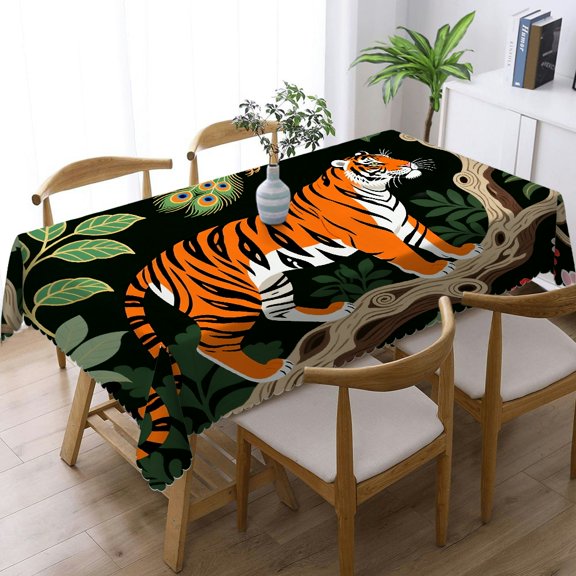 Black Chinoiserie Tiger Tablecloths for dining table, Holiday Party Tablecloth - Holiday-Themed Design Rectangular Tablecloth, Cafe, dinner, brunch, buffet, picnic