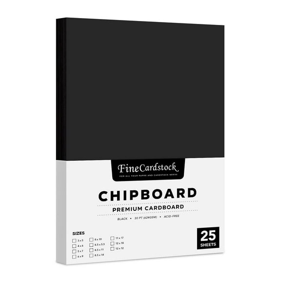 Black Chipboard – Medium Weight 30 Point (0.03 inch) Cardboard | Thick and Sturdy, Great for Arts and Crafts, Packaging, Scrapbooking, Notepad Backing | 25 Chipboard Sheets | 8.5" x 11"