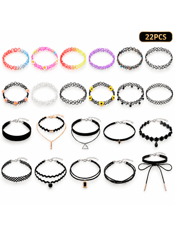 Black Choker Necklaces for Women, 22-Pack Velvet and Stretch Chokers with Pendant Charms for Dress-Up and Costume Accessories