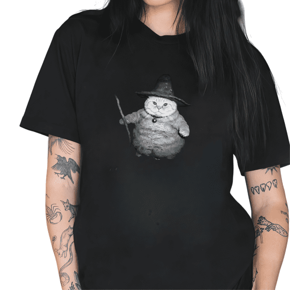 Black Chonky Wizard Cat With Hat And Staff Funny Fantasy Graphic Tees Print Tshirt Shirts Whimsical Cat Lover Tops S-5XL