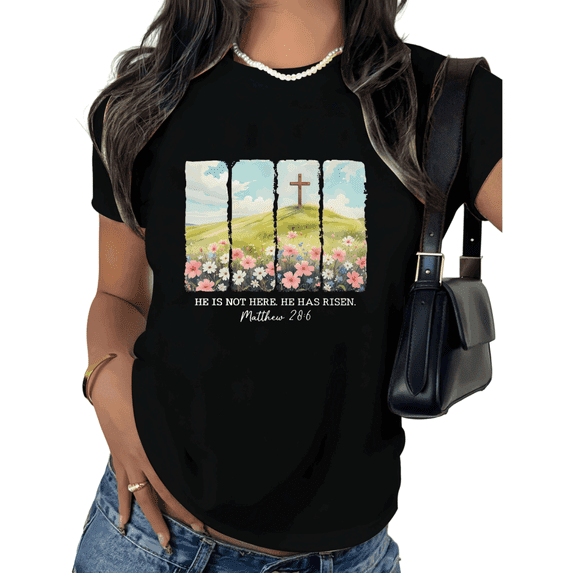 Black Christian Easter He Is Not Here He Has Risen Matthew 28 6 Cross Print Tshirt Graphic Tees Religious Faith Shirts S to 5XL Tops