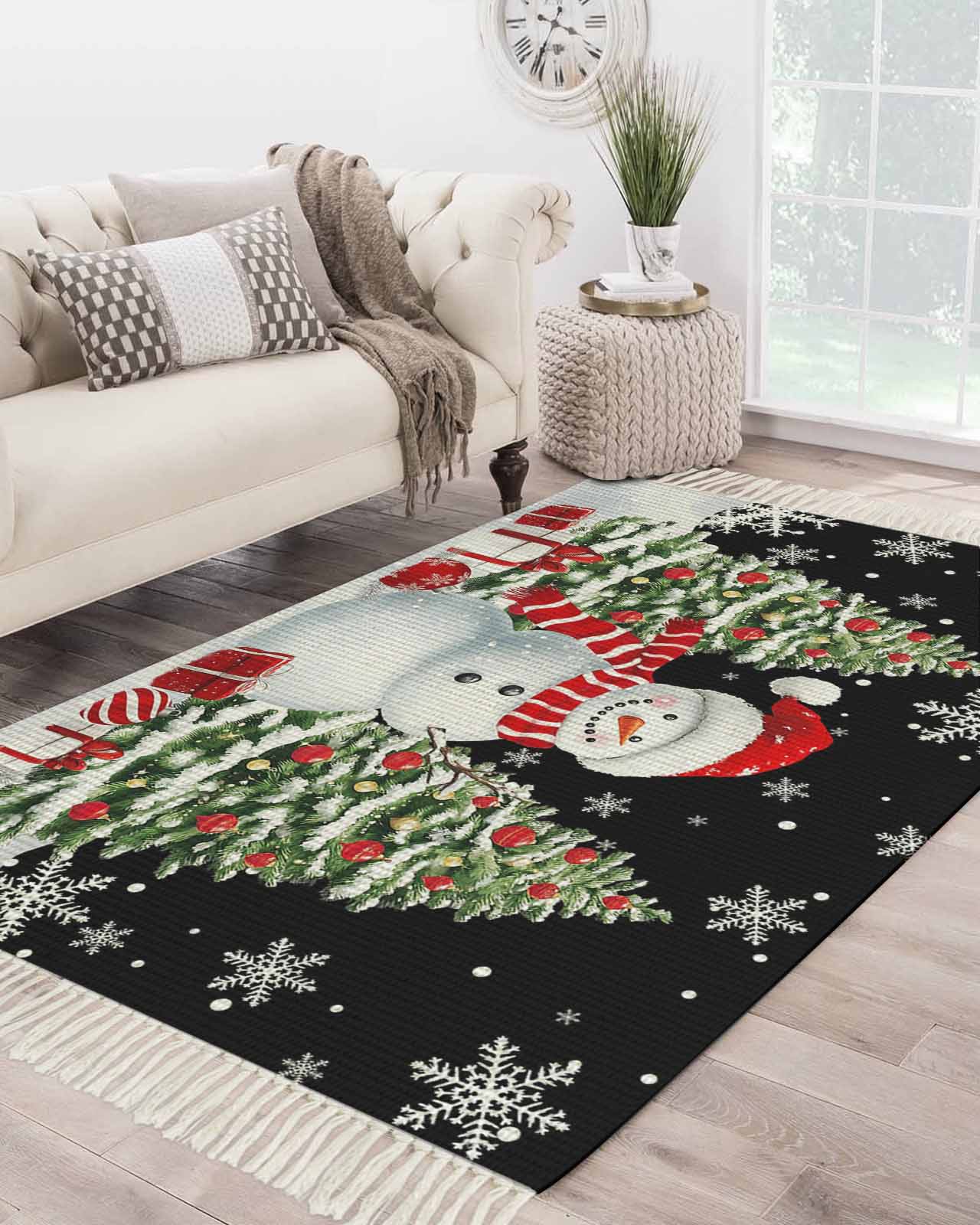 Black Christmas Area Rug 4x6 Living Room Rug with Tassel Woven Cotton ...