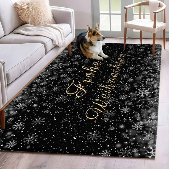 Black Christmas Area Rug 4x6 Washable Rug Non Slip Xmas Snowflake Winter Large Area Rug Indoor Floor Carpet for Entryway Bedroom Kitchen Living Room Home Office Dining Room Nursery