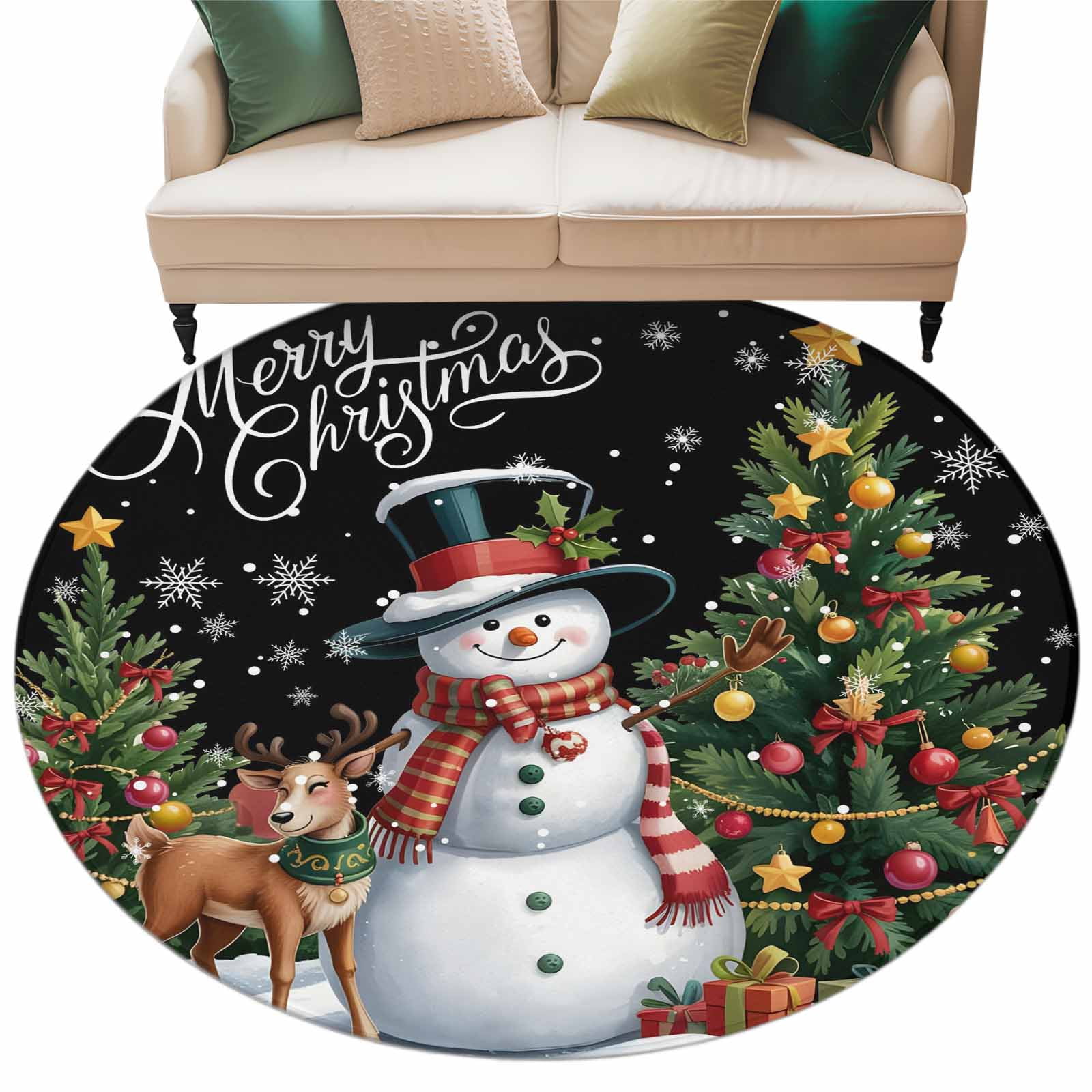Black Christmas Area Rug, Snowman Xmas Tree Elk Snowflake Washable ...